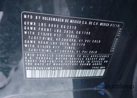 2018 Volkswagen Tiguan 2.0T Se/2.0T Sel z USA, uszkodzony, nr VIN 3VV2B7AX7JM192203